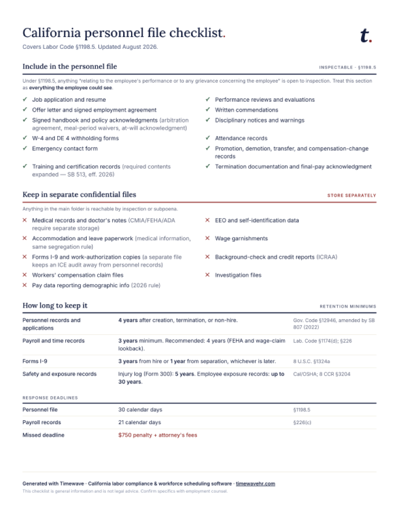 Preview of the California personnel file checklist PDF, page 1